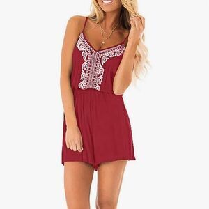 Woman’s Loose V Neck Spaghetti Strap Embroidered Short Rompers Jumpsuit